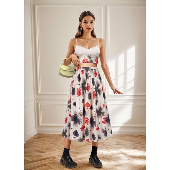 Chic Leopard Print Midi Skirt for Women - High Waisted & Pleated, Plus Size - Picture 6 of 6